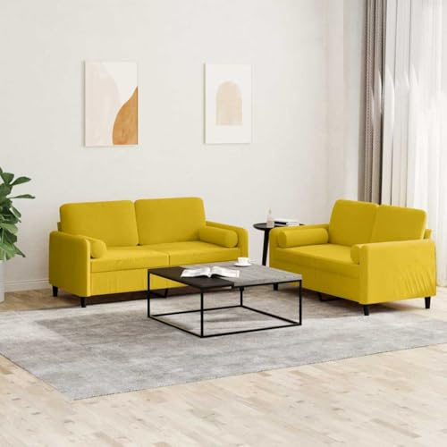 QUAHEAS 2-TLG. Sofagarnitur Gelb Samt, 120cm & 140cm Zweisitzer mit Rollkissen, Robuster Metallrahmen, Bequeme Wohnzimmer Couch Möbel