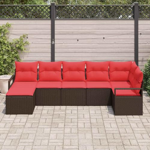 Ziaphsol trädgårdsmöbelset med kuddar, 7 stycken, brun, poly rotting modulär väderbeständig, loungegrupp för terrass, balkong, trädgård, utomhusmöbler med sittgrupp och matplats för familj och