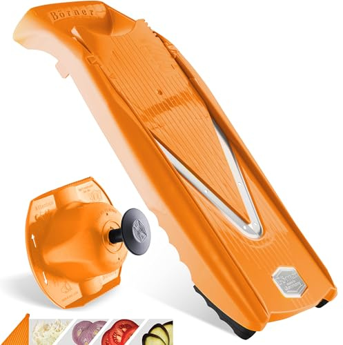 Coupe-Légumes Börner V5 (Set de Base) • Mandoline en V pour tranches de 4 épaisseurs • Trancheuse avec lame en acier inoxydable • Mandoline réglable pour fruits & légumes • Orange