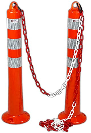 UvV 2 Stück Absperrpfosten flexibel 75cm Kettenpfosten reflektierend mit praktischer Absperrkette als flexibler Sperrpfosten mit stabilem Standfuß inkl. Befestigung orange (2)