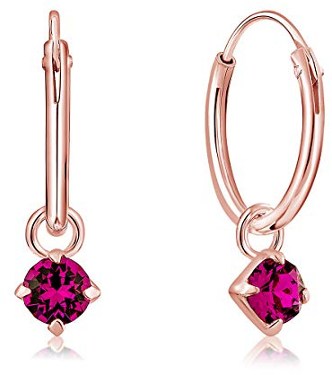 DTPsilver® KLEINE Creolen Ohrringe 925 Sterling Silber Rosen-Gold überzogen mit 3 mm Baumelnde Swarovski® Elements Kristall - Mädchen - Dicke 1.5 mm - Durchmesser 14 mm - Farbe : Fuchsie