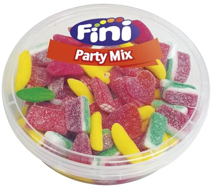 Fini Party Mix | Surtido de Gominolas de Sandía, Regaliz, Ladrillo, Plátano, Manzana, Corazón Melocotón | Sin Gluten - Tarro 450 gr - El embalaje puede variar