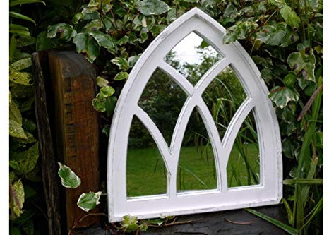 Dutch Imports Gothic Arch Garden Mirror with Vintage white painted finish. 62 x 55cm