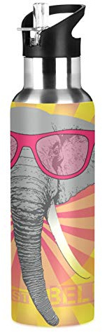 Vnurnrn Éléphant Animal Mignon De Bande Dessinée Bouteille d'eau Isotherme avec Paille en Acier Inoxydable Gourde 600ML, Sans Bpa Gourdes Eau pour Enfant Sport Randonnée École Bureau