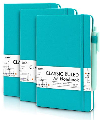 feela Notizbuch A5 liniert Hardcover, 3 Notizbücher Set, Journal Buch mit 3 Gelstifte schwarz, 120 GSM, 13x21cm, Notizblock Set geeignet für Büro, Schule, für Kinder und Erwachsene, Din A5, Emerald
