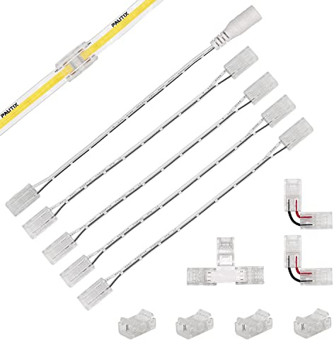 COB LED-slingor kontaktset för 8 mm breda COB-remsor 2 stift, 4 stycken transparenta mittkontakter, 2 stycken L-form, 1 st T-form och 4 stycken förlängningstrådar med dubbla ändar 15 cm med 1 st DC