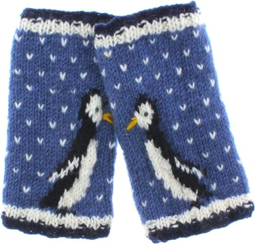 Pachamama Women Wool Hand Wrist Warmers Fleece Lined Handknitted Penguins Blue One-Size Handmade Extra Warm Fair Trade