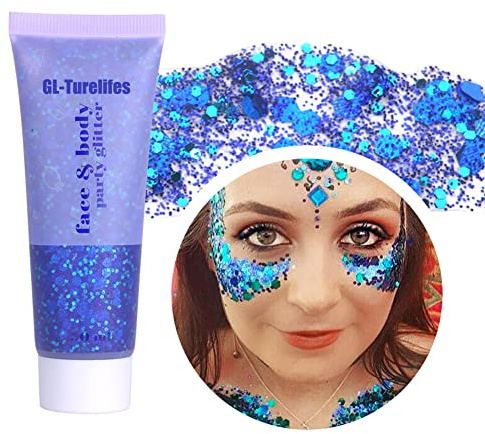 Gel de brillo del cuerpo de la cara para niños y mujeres, sirena cara brillo para usar, Squins grueso brillante para el cabello y las uñas, Festival Accesorios de concierto (#01 Azul)