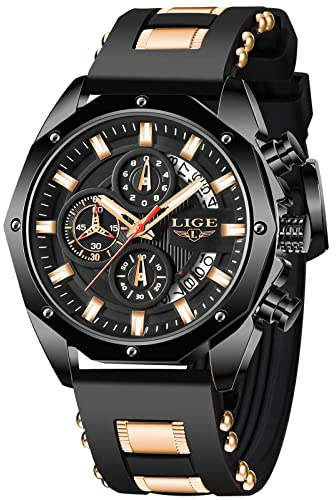LIGE Montre Homme Mode Chronographe Acier Inoxydable Etanche Analogique Quartz Lumineuses Grand Cadran Sport Classique Montre…
