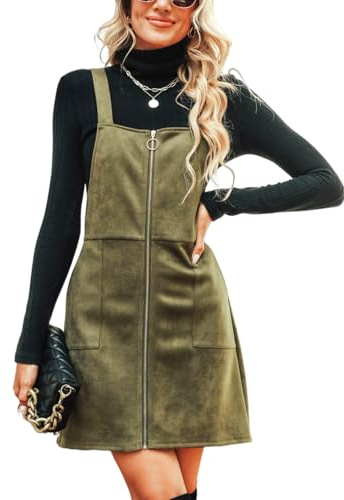 CUPSHE Damen Latzrock Quadratischer Ausschnitt Reißverschluss Wildleder Latzkleid Overallkleid Freizeitkleider Wildlederimitat Zipper Mini Dress Grün L