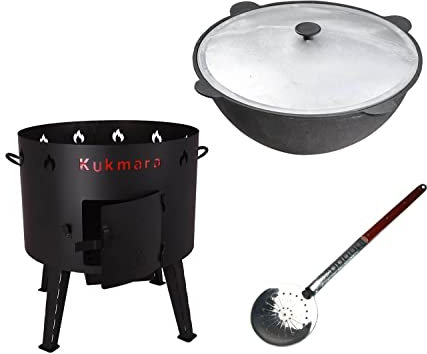 rukauf Set Utschak, 49 cm + 22 Liter Kasan Kazan aus Gusseisen (INNEN GLATT) + Schaumlöffel Feldküche Gulasch-Kessel Feuer-Ofen Outdoor Plov