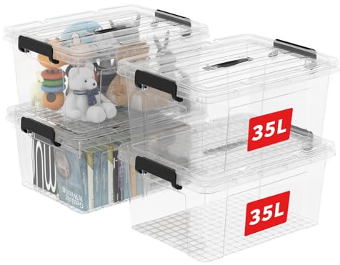 Cetomo 35L*4 Caja de Almacenamiento con Asa, Caja de Plástico con Tapa y Cierre Seguro, Contenedor de Almacenamiento Grande, Duradera, Apilable, Resistentes, Transparente, Paquete de 4 de 35L