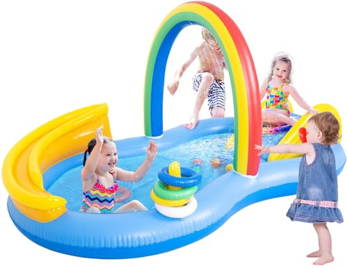 Inflatable Swimming Pool with Water Slide, Inflatable Play Center with Spray Water, Toss Ring, Ball for Outdoor Backyard Garden Water Park