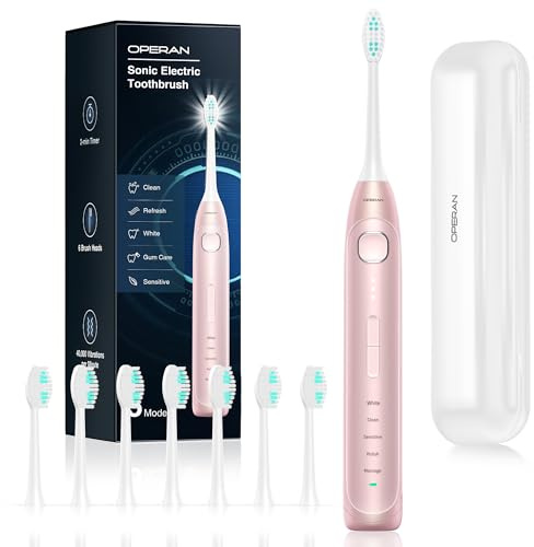 Operan Brosse à dents électrique pour adultes et enfants - Brosse à dents sonique rechargeable avec 5 modes - Minuteur intelligent de 2 minutes - Étanchéité IPX7 - Moteur 40 000 VPM avec 8 têtes de