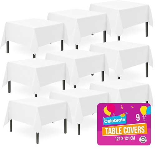 SOL 9pk White Table Cloth Party 121x121cm Plastic Cover Tablecloth Disposable for Parties - Heavy Duty Spill Protection - Opaque Design for Weddings, Buffets, Catering, Gender Reveals & Events