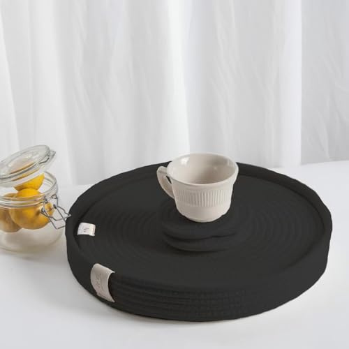 ART PineCone 9-Piece Cotton Rope Placemat Set with Coasters & Holder, Black | 4 round 13-inch placemats, 4 matching coasters and storage holder, woven cotton rope, hand washable