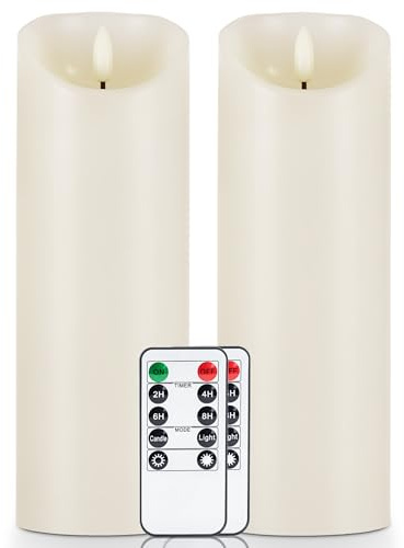 5plots 9 x 3 Flickering Flameless Candles - Battery Operated Wax LED Candles - Amber Yellow Light with Remote and Timers Set of 2, Ivory, for Home Decor, Candle Sconces