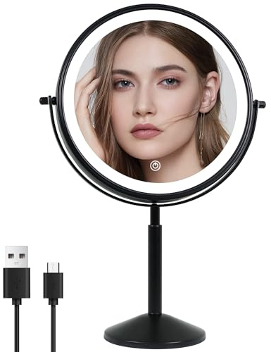 yngtoue 23cm Schminkspiegel mit Beleuchtung und Höhenverstellung, 10XVergrößerung, LED, wiederaufladbar, 360° drehbar, Kosmetikspiegel, 3 Farben, Schwarz (940B)
