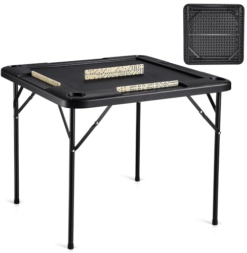 VEVOR Mahjong-Tisch, Zusammenklappbarer Kartentisch für 4 Spieler mit 4 Getränkehaltern & 4 Chip-Fächern, Tragbarer Domino-Spieltisch mit 1 Satz Dominosteine ​​für Mahjong Poke Puzzles