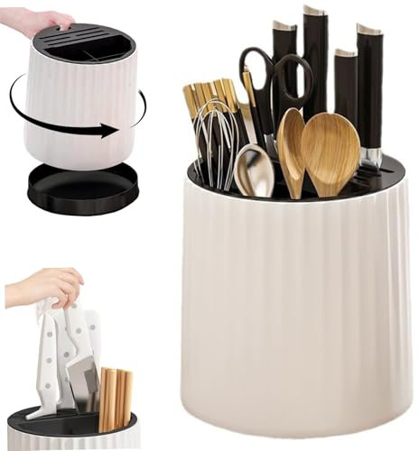 Rotating Utensil Holder 360° Rotation Kitchen Countertop Knife Holder Rust/Corrosion-Resistant Stable Round Knife Rack with Drain Holes for Ceramic Knives, Steak Knives (Knife Not Included) , Knife