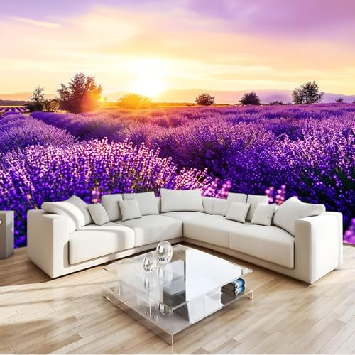 Fototapete Natur Lavendel Sonnenuntergang Lila 300x210 cm Tapete 3D Vlies Wanddeko Wallpaper Wandtapete Dekoration Study Zimmer Wohnzimmer Restaurant Cafe