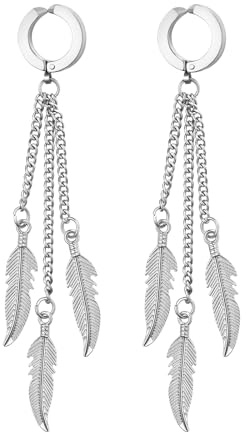 Flongo Orecchini con ciondolo a forma di piuma, unisex: oro, nero, argento, finto plug senza fori per le orecchie, in acciaio inox, gotico, huggie a 3 talloni, ciondolo a forma di piuma, Viking Punk