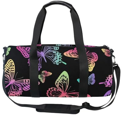 Mnsruu Bolsa deportiva de gimnasio con correa para el hombro para mujeres y hombres, bolsa de lona con estampado de mariposas y arco iris, bolsa de entrenamiento con compartimento para zapatos para