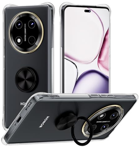 Cover Compatibile con Honor Magic 7 Lite 5G, Custodia Trasparente Silicone con Anello Ruotabile Cavalletto, Quattro Angoli Anti-Caduta Crystal Clear Case - Anello Nero