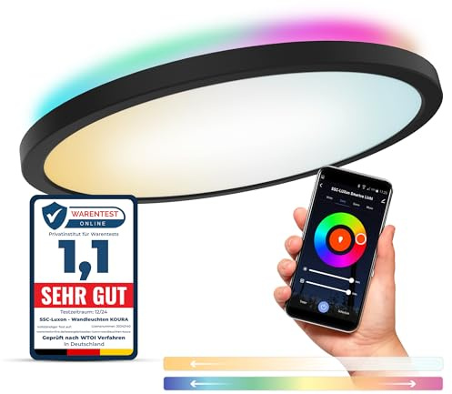 SSC-LUXon ERUNA Deckenleuchte schwarz Ø29cm Smart LED WLAN RGB App indirekt | Runde Deckenlampe fürs Wohnzimmer - per App & Alexa steuerbar, warmweißes Hauptlicht + indirektes RGB-Licht, ohne Hub