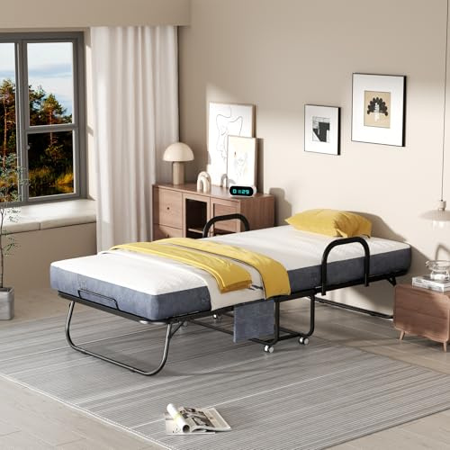 Polar Aurora Folding Bed with Mattress,75X38 Twin Size Frame, Portable roll Away Bed with Memory Foam Mattress for Adults with 2 Armrests,4 Wheels,Side Pocket and Dust Cover