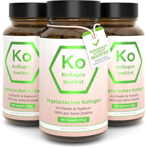 Kollagen Institut Vegetarisches Kollagen Kapseln - Hochdosiert Collagen Komplex aus Eierschalenmembran mit Hyaluron & Elastin, Typ I V X, 3 x 180 Kapseln 100% Vegetarisch, Reines Kollagenpulver