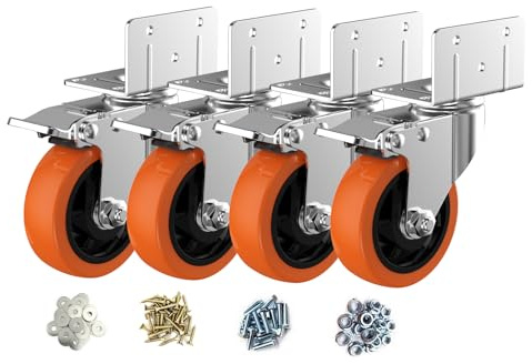 ASHGOOB 4inch L-Shaped Caster Wheels, Side Mount Casters Set of 4, Heavy Duty Casters with Brake, Double Bearing Locking Polyurethane(PU) Wheels for Baby Beds/Cabinets/Furniture（4 Pack