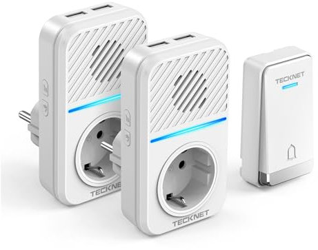 TECKNET Timbre Inalámbrico Kit, 400M Timbre Inalámbrico Autoalimentado con 2 Receptores, IP65 Kit de Timbre con Tomas USB Externas y Luz LED, 60 Melodías, 5 Niveles de Volumen