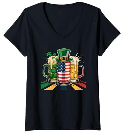 Femme Chope à bière irlandaise Drapeau USA Trèfle Jour de la Saint-Patrick T-Shirt avec Col en V