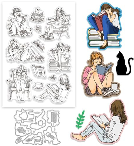 GLOBLELAND Lady Buch Silikonstempel und Stanzformen Set Für Kartenherstellung Frauen Lesen Kaffee Klare Stempel Und Stanzformen Set Für DIY Craft Scrapbooking Grußkartendekoration