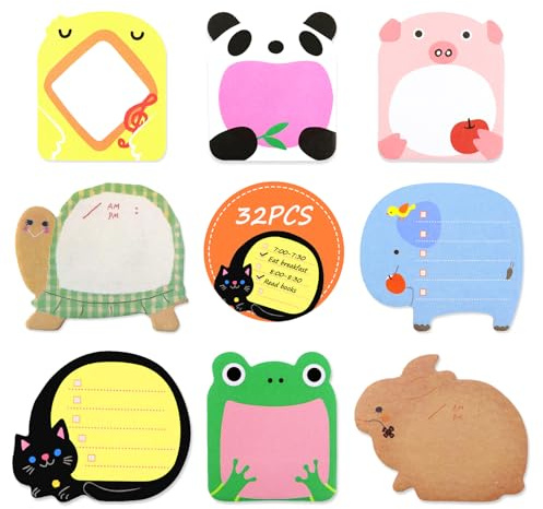Qufiiry 32 Pezzi Animali Sticky Notes Adesive, 640 Fogli Mini Note Adesive, Blocchetti Memo Adesivi, Colorate Note Appiccicose, Gadget Compleanno per Ufficio, Scuola, Regali per Studenti Bambini
