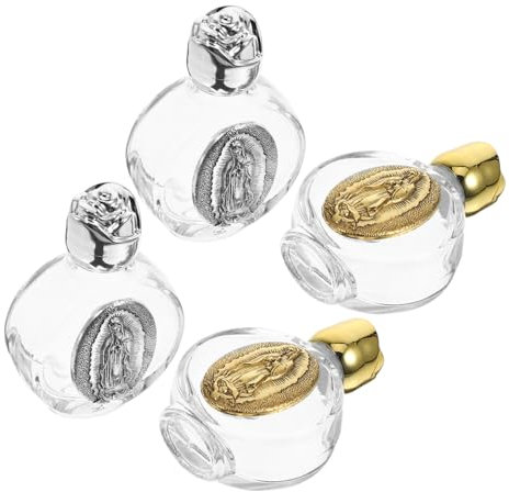 CALLARON Lot de 4 Petites Bouteilles en Verre pour Eau Bénite Récipients Décoratifs 100 Ml Relief Métallique pour Église et Baptême