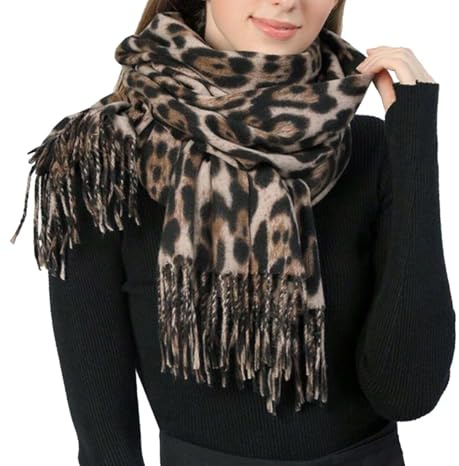 HilyBony Winterschal für Damen, weich, klassisch, Leopardenmuster, warm, Kunst-Pashmina, 71 x 180 cm (B x L)