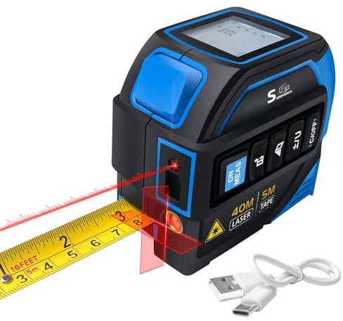 4-in-1 Laser Tape Measure with Laser Level Crosshairs |130ft/40m Laser Distance+16ft/5m AutoLock Tape | Backlit LCD Display (Ft/Inch/M/mm) | for DIY,Construction, Interior Design(Blue)