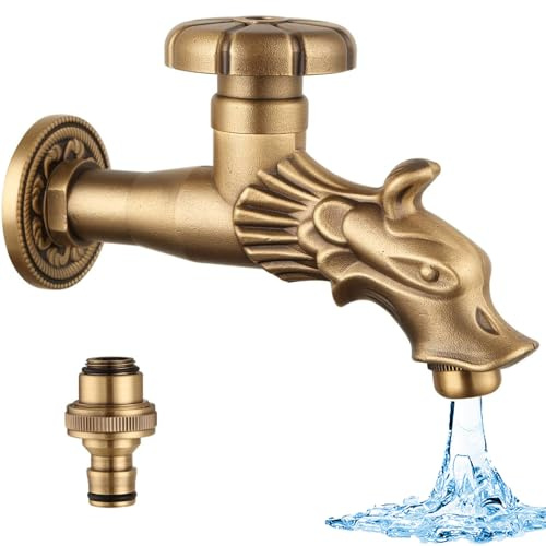 YS-yalotrs Antique Renaissance Style Garden Tap 1/2 Inch Brass Gargoyle Tap for Fountain Dragon Head Design