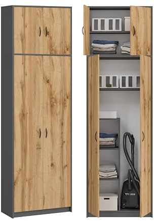 KUBUTKU Armoire Haute Multi-usages - Armoire Pratique pour aspirateur Balai - 235 x 74 x 35 cm (Graphite/Chêne Wotan)
