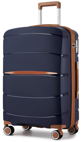 KONO Koffer Mittelgroß Leicht Polypropylen Hartschalenkoffer L Größe Reisekoffer Mittelgroß mit 4 Rollen und TSA Schloss, 66.5×45.5×24 cm, 61 L, Dunkelblau/Braun