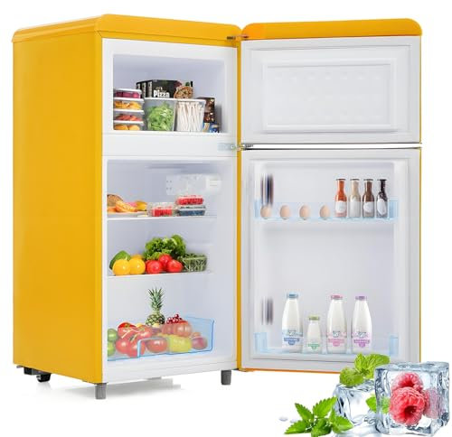 Frigorífico retro de dos puertas, superior e inferior, 72 litros de volumen total y 21 litros de congelador, 120 kWh/año, luz LED, clase energética E,Yellow