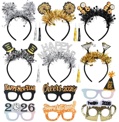 ZUSUZU Silvester Deko 2026,Silvester Haarreif Set,Neujahr Party Dekoration Set,Silvester Brille 2026 Happy New Year Deko Kopfbedeckung Party Fotoautomat Requisiten Zubehör Party Kostüm