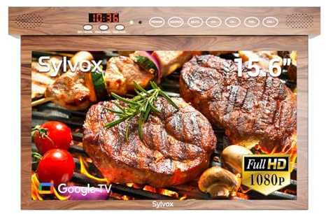 SYLVOX TV de Cocina Plegable 15.6, 90° Ajustable, 1080P, Smart con Google TV,12V Mini Televisor con Rotación 360° | DVB-C/S2/T2 | Wi-Fi | Bluetooth | para Cocina, Camping, Dormitorio - Color Madera