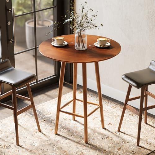 LITTLE TREE Solid Wood Bar Table, 39.37-Inch Round Bistro Table with Sturdy Frame, for Living Room, Dining Room, Small Space (Rustic Walnut)