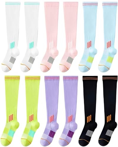 FUGLUS 6 Paar Kompressionsstrümpfe für Herren Damen, Kniestrümpfe Stützstrümpfe Kompressionssocken für Sport, Flug, Laufen, Reisen, Radsport（14.57inch*7.09inch）