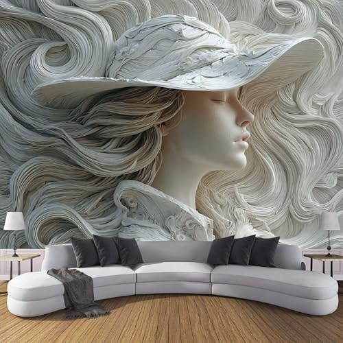 Carta Da Parati Fotografica 3D Effetto Donna Che Indossa Cappello,250×170cm Fotomurali Moderna Decorazione XL Poster Gigante Goffrato Strisce Design Carta,Fotomurali In Tessuto Non Tessuto TNT Bianco