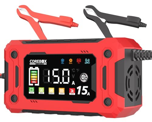 Car Battery Charger 12V 15-Amp Fully Automatic Smart Charger & Maintainer, 7-Stage Trickle Charger with Desulfator & Temperature Compensation for Car, Boat, Motorcycle, Lawn Mower, RV, ATV, SUV, Snowm