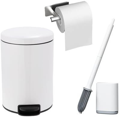 Poubelles de Salle Bain 7L avec brosse WC, Distributeur de Papier Hygiénique, Petite Poubelle à Pédale en Acier Blanche, Corbeille de Cuisine, Poubelle avec Couvercle et Seau Intérieur, Espace étroit